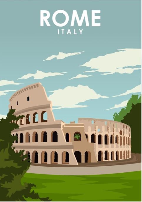 Illustration of the Colosseum in Rome, Italy, set against a partly cloudy blue sky. The iconic ancient amphitheater, depicted with detailed arches and greenery in the foreground, evokes the charm of vintage advertising art prints. Part of our Travel Prints Collection on semi-gloss poster paper from TAP, "Rome by Jorn Van Hezik" is prominently displayed at the top.