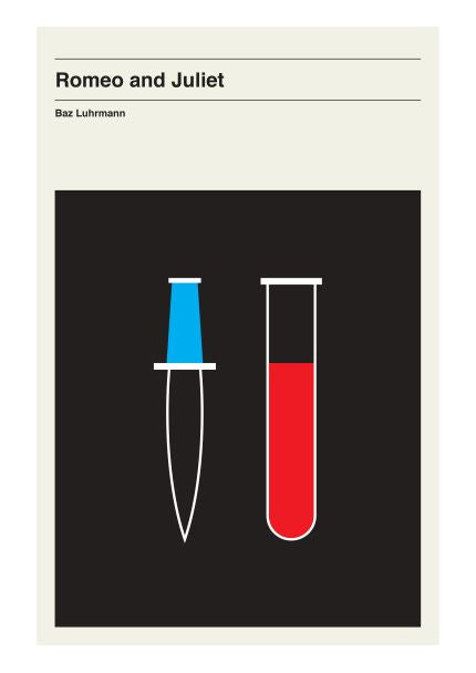 Minimalist movie poster titled "Romeo and Juliet by Otsutree," from Blue Dog Posters. Showcases simple illustrations of a blue-handled dagger and a test tube filled with red liquid against a black background. The title and director Baz Luhrmann's name are displayed at the top. Part of the Featured Artists Collection, printed on 250gsm satin paper.