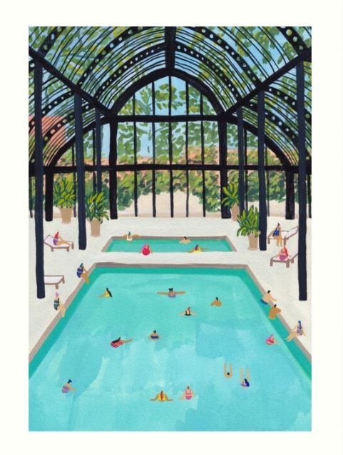 This art print, titled "Royal Mansour by Helo Birdie" and part of the Gallery Series from Blue Dog Posters, showcases an indoor swimming pool with large glass windows letting in natural light. People swim and relax around two rectangular pools while plants and trees are visible through the windows in the background, printed on high-quality archival paper.