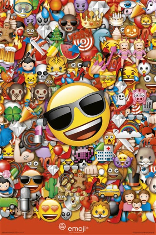 A collage of various colorful emojis, including a large smiley face wearing sunglasses at the center, a crown, animals, food items, musical instruments, hearts, stars, faces showing different emotions and various other playful icons surrounding the main emoji. Printed on premium 150gsm gloss paper. Product Name: Emoji - Collage Brand Name: KID 063