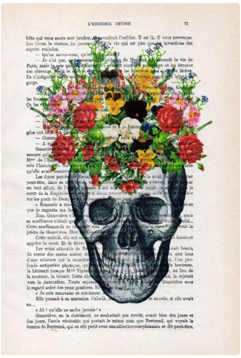 A black and white skull illustration is overlaid on an old book page filled with French text. The skull's top is open, and colorful flowers are blooming out, creating a vibrant contrast with the antique French book page—resulting in a unique design that makes for a gorgeous print: the ABP Antique Book print 29x19cm Skull Flowers.