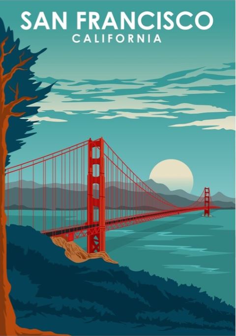 Illustrated vintage advertising art print titled "San Francisco by Jorn Van Hezik" from TAP. This artwork features the iconic Golden Gate Bridge in San Francisco, California, depicted in vibrant red against a backdrop of hills and a setting sun with a tree in the foreground. The sky showcases a mix of teal and light blue hues adorned with clouds, all printed on premium quality poster paper.