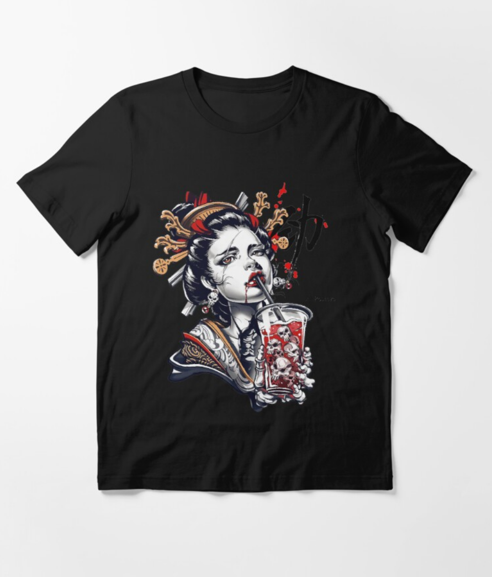Introducing the Japanese Geisha Girl T-shirt Black XL by Blue Dog Posters, showcasing an artistic design of a traditional geisha, complete with intricate hair ornaments, sipping from a modern drink cup. This unique piece blends classical and contemporary elements seamlessly.