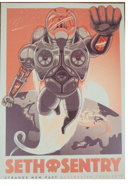 A poster for Seth Sentry Australian Tour, part of the Blue Dog Posters Collection. It features a futuristic, armored figure with jet thrusters flying in front of a planet. The text at the bottom reads "Seth Sentry," with a skull icon replacing the 'O' in "Sentry.