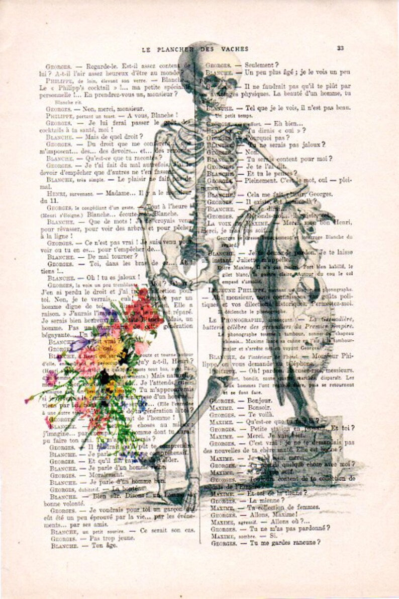 The Antique Book Print 15x21cm Skeleton Wait by Blue Dog Posters showcases a detailed anatomical drawing of a human skeleton standing with one hand on a cattle skull, surrounded by colorful floral illustrations near its feet. The text is in French, featuring various dialogues around the images.
