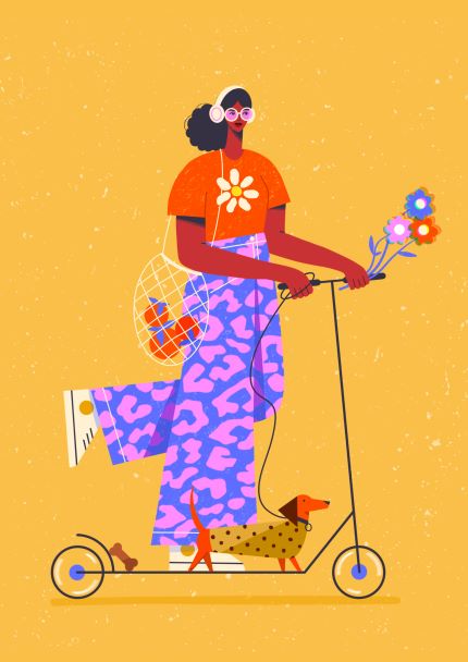 The cheerful **"Skooting with my Dog" Art Print by Kitty O Illustrates**, available from **Blue Dog Posters**, features a vibrant illustration of a person with dark skin and curly hair, dressed in a bright outfit adorned with a flower design on the top, riding a scooter. They are holding a bunch of flowers and accompanied by their small brown dog on a leash against a warm, solid-colored background—perfect for the Featured Artists Collection.
