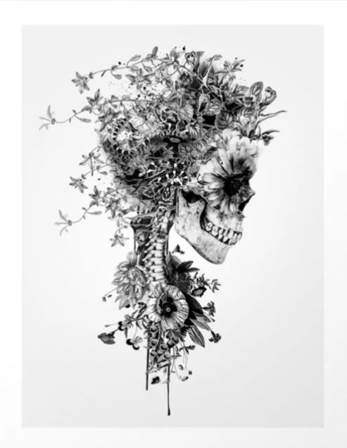 The "Flower Skull Black & White by Rizapeker" from Blue Dog Posters features an ink drawing of a person's side profile, merging a skull with intricate botanical elements. The skull blends seamlessly into various flowers, leaves, and vines, creating an ethereal and artistic combination. Part of the Gallery Series, this art print is rendered on archival paper with a plain white background that enhances the detailed artwork.