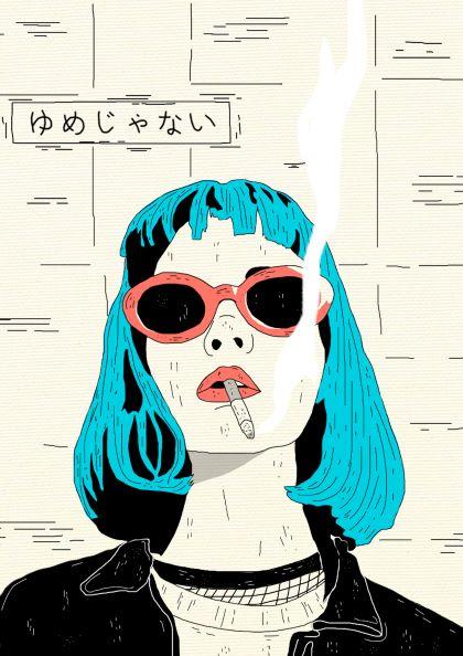 The artwork "Smokin by Mari T" from the MEZ 225 collection features an illustrated image of a person with blue hair smoking a cigarette. They are seen wearing red sunglasses and a black collar, standing against a pale brick wall. Japanese text in the upper left corner reads "ゆめじゃない," translating to "It's not a dream." This piece is part of the Featured Artists Collection and is printed on Matte Art Paper, available in size 50x70cm.