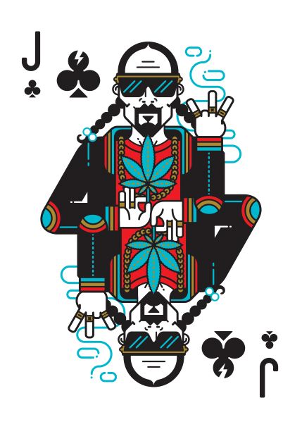 The Snoop Dogg by Dario Genuardi A5 from Blue Dog Posters is a stylized illustration of the Jack of Clubs playing card. It features a man with sunglasses, long braided hair, and a goatee, holding up a peace sign with one hand and displaying a cannabis leaf on his chest. Part of the Little Art series, this piece merges modern, edgy design with bold colors.
