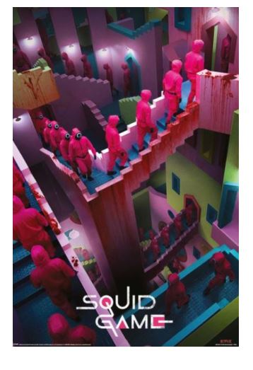 Poster titled "Squid Game - Crazy Stairs" from the MTV 077 brand, featuring an intricate maze-like structure with numerous staircases and platforms. It showcases multiple characters in red hooded suits with masks. This large TV show poster is part of the Movies and TV Collection and prominently displays the title "Squid Game" at the bottom.