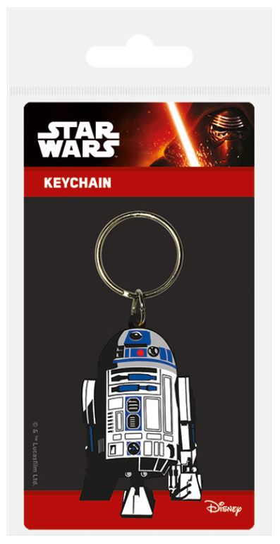 The Star Wars R2D2 Rubber Keychain from Blue Dog Posters is presented in packaging that showcases the iconic Star Wars logo at the top and vibrant artwork of a lightsaber duel. The Disney logo is displayed in the bottom right corner.