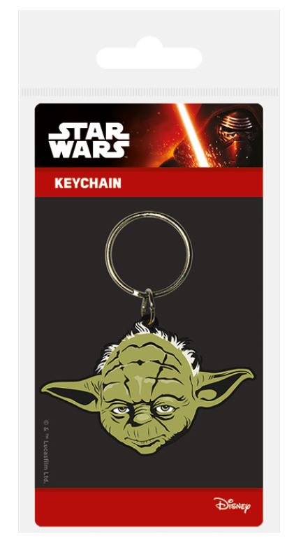 Introducing the Star Wars Yoda Rubber Keychain by Blue Dog Posters: a Star Wars-themed keyring featuring Yoda's head with green skin, large ears, and white hair. The packaging is adorned with the Star Wars logo, a lightsaber, and the word "Keychain" in bold white letters on a red background, complete with the Disney logo at the bottom.
