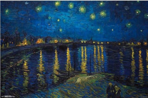 A painting titled "Starry Night Over the Rhone - Van Gogh" features a breathtaking night sky filled with shimmering stars reflected on the river's surface. In the foreground, a couple strolls along a riverside pathway, while illuminated buildings stand prominently in the background. This ART 004 Urban Art Poster is printed on premium 150gsm gloss paper, ensuring vibrant colors and durability.