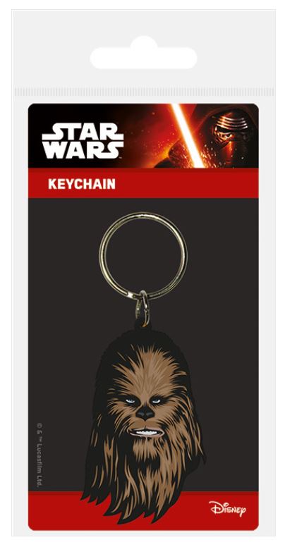 A Star Wars Chewbacca Rubber Keychain from Blue Dog Posters features the iconic character with brown fur and blue eyes. It comes packaged on a black card displaying the Star Wars logo, "Keychain," images of a red lightsaber, and a masked character, along with Disney branding.