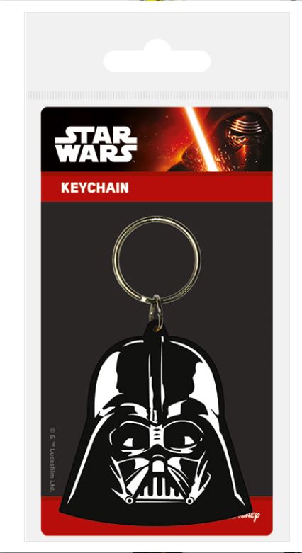 Image of a Star Wars Darth Vader Rubber Keychain packaging, featuring a key holder with Darth Vader's helmet. The packaging is branded with the Star Wars logo at the top and an image of Kylo Ren with a lightsaber in the top right corner, under the Blue Dog Posters brand name.