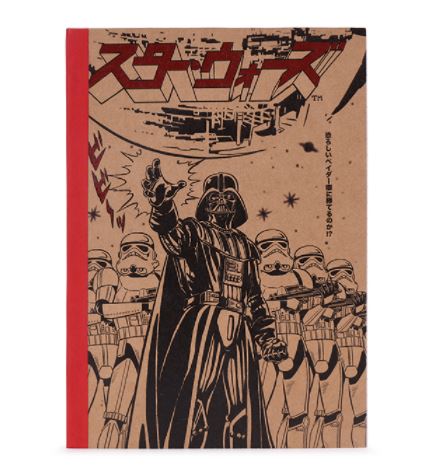 The Star Wars Japanese A5 Spiral Notebook by Blue Dog Posters features a brown and red bound cover with an illustration of Darth Vader and several stormtroopers from Star Wars. The title is displayed in bold red Japanese characters at the top, and a large spaceship can be seen behind Vader. This unique notebook is part of our Stationery Gifts Collection.