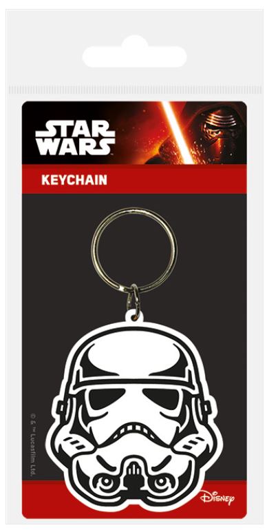 The Star Wars Storm Trooper Rubber Keychain from Blue Dog Posters is packaged in predominantly black packaging with striking red accents. The package showcases a white and black Stormtrooper helmet key ring, featuring the Star Wars logo at the top and a small image of Kylo Ren wielding his lightsaber. The Disney logo is prominently located at the bottom.