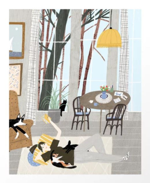 Illustration of a cozy room with large windows, tall plants, and a seated person relaxing on the floor with a drink and two black-and-white dogs. A table with chairs and a potted plant are in the background. A third dog rests on a chair nearby in this art print "Stay Home with Friends by Grasya Oliyko" from Blue Dog Posters' Gallery Series on archival paper.