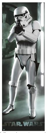 A full-body image of a Star Wars stormtrooper in white armor holding a blaster. The background features a dark futuristic setting with the symbol of the Galactic Empire and vertical light bands. The word "STAR WARS" is visible at the bottom, making it a perfect addition to your Movies & TV Collection. Now featuring the Star Wars Storm Trooper Gun by Blue Dog Posters.