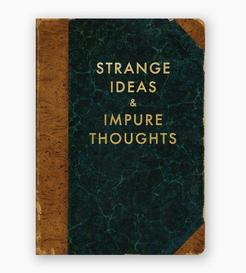 The Strange Ideas Journal by Blue Dog Posters features a vintage design with a dark green marbled background, complemented by brown leather corners and spine. The book cover showcases the title "Strange Ideas & Impure Thoughts" in gold foil lettering, making it an ideal journal with dotted pages for practical use.