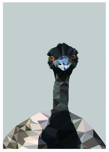 This geometric illustration of a bird, part of our Featured Artists Collection, boasts sharp polygonal shapes in shades of green, black, and grey. The high-quality fap Emu by Studio Cockatoo captures the bird's red eyes and long neck against a plain grey background on 250gsm Satin Paper.