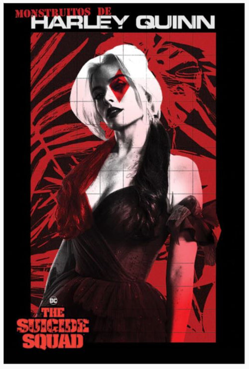 The stylized black and red promotional poster, printed on premium gloss paper, showcases Harley Quinn in a dark, ruffled dress with her hair in pigtails. Bold abstract red shapes on a black background accentuate the design. "Monstruos de Harley Quinn" is prominently displayed above, with "The Suicide Squad" logo below as part of the DC Universe Poster collection by MTV 199.