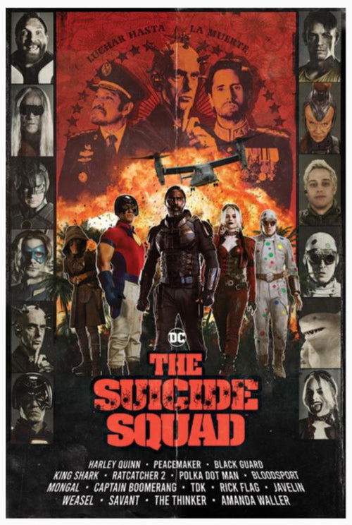 The movie poster titled "The Suicide Squad Team" from the brand MTV 178 showcases the main characters, including Harley Quinn, Peacemaker, and Bloodsport in the foreground. The background is filled with explosions and various other characters. The title "The Suicide Squad" is prominently displayed at the bottom, making it an ideal addition to any DC Universe poster collection.