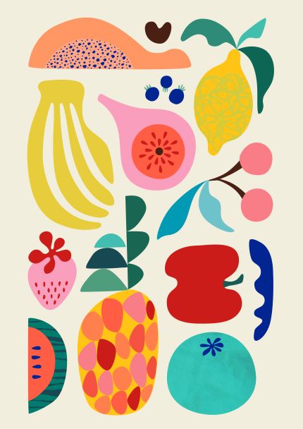 The "Summer Fruits by Rachel Lee," a part of Blue Dog Posters' Featured Artists Collection, is a colorful abstract illustration showcasing various stylized fruits like a banana, fig, lemon, cherries, strawberry, pineapple, red apple, sliced watermelon, grapes and blue tomato against a light background with playful and modern shapes.