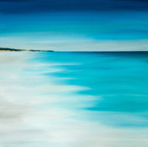 The "Summer by my Side" art print by Jack Story, available from Blue Dog Posters, is a serene 40x40cm seascape painting. It features a calm, turquoise ocean blending seamlessly into a blue sky with a softly blurred horizon that evokes feelings of peace and infinity. A distant shoreline with subtle hints of greenery appears on the left side of this premium quality print.