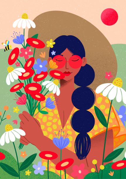 An illustration of a person with long, braided dark hair, wearing a wide-brimmed hat and sunglasses, holding a colorful bouquet of flowers. They are standing in a field with various flowers and a bright red sun in the background. Part of the Featured Artists Collection by fap, "Wildflower Meadow" by Kitty O Illustrates is printed on 250gsm Satin Paper.