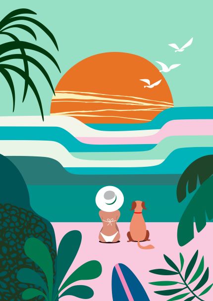 Illustration from the Featured Artists Collection: A person and a dog sitting on the beach, gazing at a large, orange sunset over colorful, layered waves. The sky is blue-green with white birds flying. Plants frame the scene as the person in a wide-brimmed hat enjoys Blue Dog Posters' art print masterpiece "Sun Flock" by Rachel Lee.