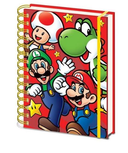 A spiral-bound, high-quality hardcover notebook with a red cover featuring colorful illustrations of popular Mario series characters like Mario, Luigi, Yoshi, and Toad. This premium notebook, the Super Mario Run Notebook by Blue Dog Posters, includes a yellow elastic band to keep it closed—perfect for stationery gifts.