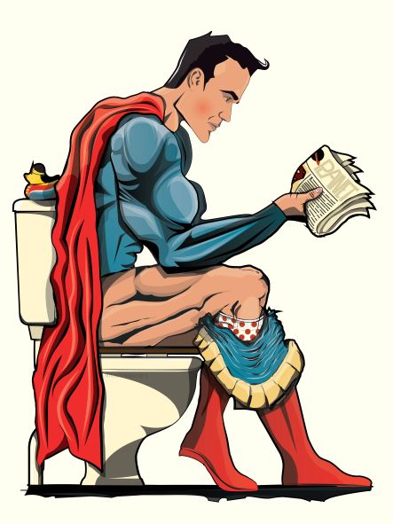 The "Superman on the Toilet A5" by Wyatt9 from fap captures an illustrated superhero in a blue suit and red cape sitting on a toilet, reading a newspaper. His pants and red boots are around his ankles, adding to the whimsical charm typical of the Little Art series. A rubber duck perches on the toilet's water tank, enhancing the playful scene.