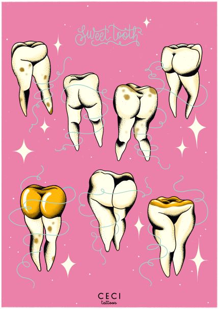 The artwork titled "Sweet Tooth by Ceci Tattoos" from Blue Dog Posters features various anthropomorphic teeth illustrated on a pink background adorned with scattered white stars. Some teeth appear in pairs and resemble human buttocks, some are caramel-coated, and others display cavities. The text "Sweet Tooth" is displayed at the top, while "Ceci Tattoos" is noted from the Featured Artists Collection at the bottom.