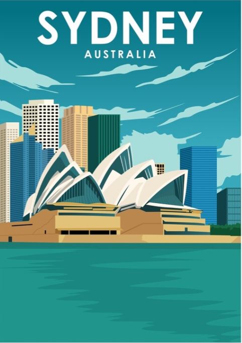 An illustration by Jorn Van Hezik, titled "Sydney" from TAP's Travel Prints Collection, captures the iconic Sydney Opera House in Australia with its distinctive sail-like design. The scene features a backdrop of city skyscrapers set by a waterfront, under clear skies with a few clouds. The text at the top reads "SYDNEY AUSTRALIA.