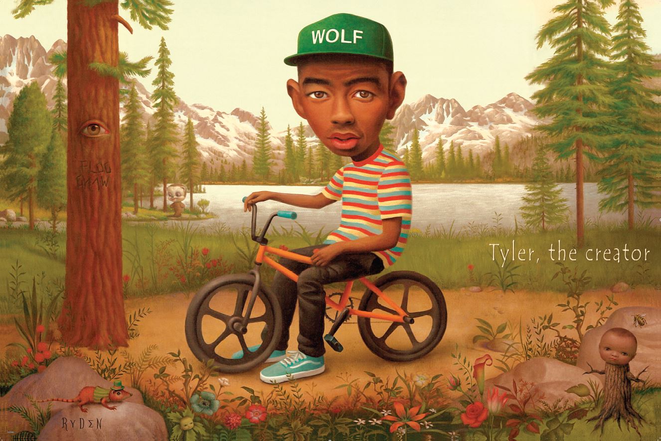 A stylized illustration depicts a man with an oversized head wearing a green cap labeled "Tyler The Creator - Wolf" by MUS 010, paired with a striped shirt and blue sneakers, riding a bicycle through an imaginative and surreal landscape. He is surrounded by tranquil lakes, majestic mountains, and quirky plants and creatures. The name "Tyler, the creator" is inscribed on the right side in the style of an eclectic Hip Hop music poster.