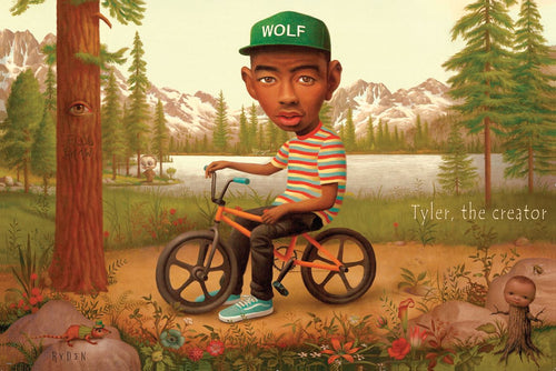 A stylized illustration depicts a man with an oversized head wearing a green cap labeled "Tyler The Creator - Wolf" by MUS 010, paired with a striped shirt and blue sneakers, riding a bicycle through an imaginative and surreal landscape. He is surrounded by tranquil lakes, majestic mountains, and quirky plants and creatures. The name "Tyler, the creator" is inscribed on the right side in the style of an eclectic Hip Hop music poster.