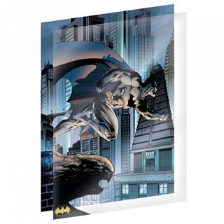 Comic-style image of Batman in an action pose, leaping high above a Gotham City skyline. He is depicted in his iconic black and gray suit with a flowing cape, set against a backdrop of tall buildings and a dark sky. This piece is part of the DC Comics Batman Limited Edition Fan-Cel series by Blue Dog Posters, complete with a certificate of authenticity.