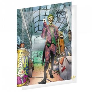A comic-style illustration from Blue Dog Posters, titled "DC Comics The Joker Limited Edition Fan-Cel," depicts the infamous villain with green hair and a purple suit navigating through a cluttered warehouse. Holding a playing card with a smirk, he stands amidst an environment rich in cartoonish, colorful details and machinery, evoking classic animation—a true piece of limited edition art.