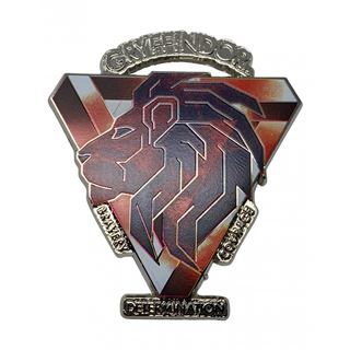 Introducing the Harry Potter Gryffindor Pin Badge by Blue Dog Posters, a limited edition collectible featuring a geometric, stylized lion's head at its center. The background showcases red and bronze tones with "Gryffindor" emblazoned at the top and "Bravery, Courage, Determination" at the bottom. Each pin badge is individually numbered for authenticity.