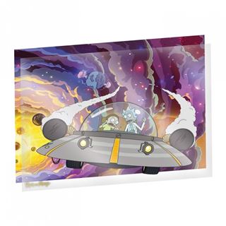 A cartoon-style image from the Rick and Morty Misadventure Ltd Edition Fan-Cel by Blue Dog Posters depicts two characters in a futuristic flying car soaring through a colorful, surreal space-scape with swirling clouds, bright stars, and cosmic elements in the background. This officially licensed piece captures classic animation style, as the animated characters look ahead.