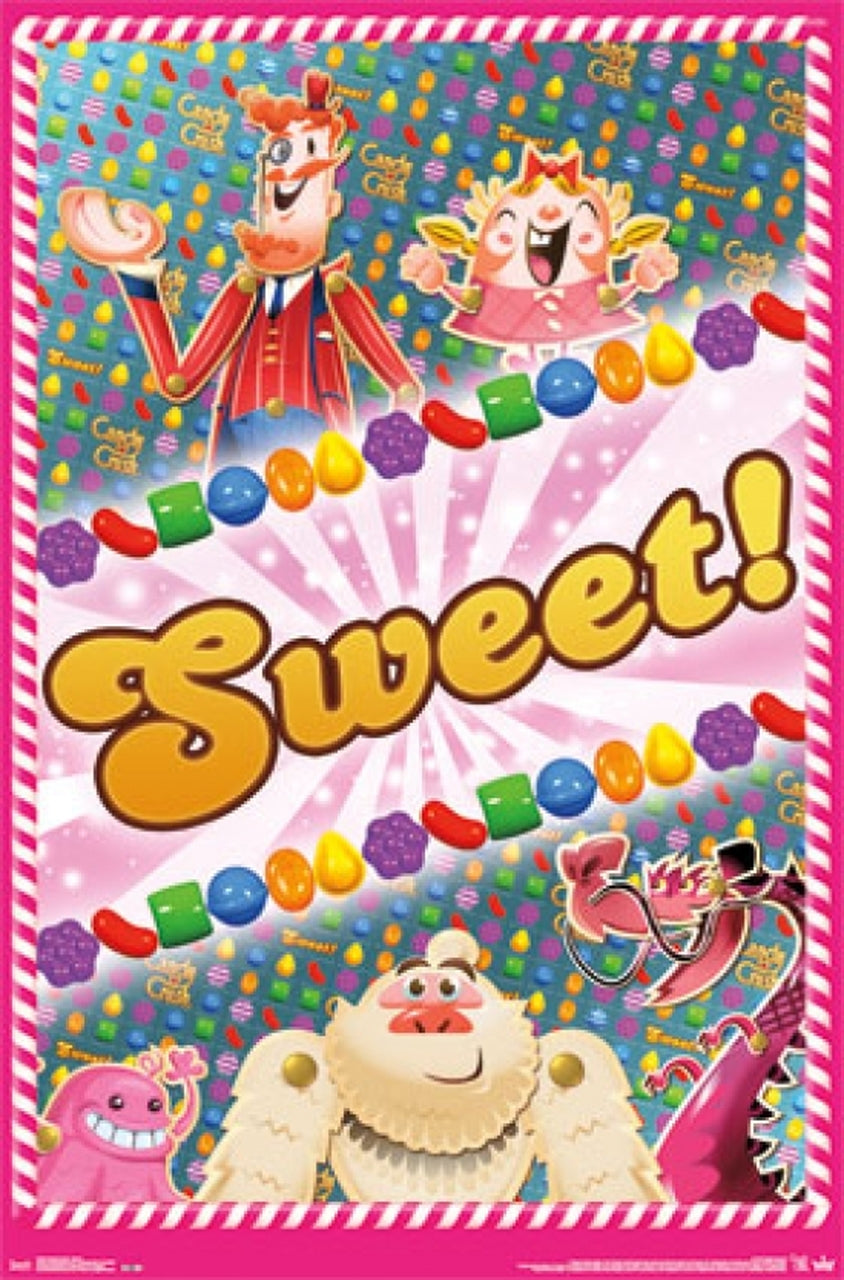 Bright and vibrant Candy Crush poster from the brand GAM. It showcases animated candy, beloved characters like Mr. Toffee and Tiffi, and the word "Sweet!" in bold, yellow letters prominently centered on a pink, whimsical background adorned with scattered candies. Ideal for any gaming collection, the poster measures 91.5cm x 61cm.