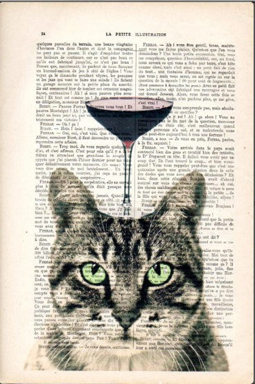 A print titled "Antique Book prnt 29x19cm Tabby Cat Wine" from Blue Dog Posters features a collage of a tabby cat with green eyes, superimposed on a vintage French newspaper page. The artwork includes a wine glass partially filled with red wine positioned above the cat’s head, giving the illusion that the cat is balancing the glass.