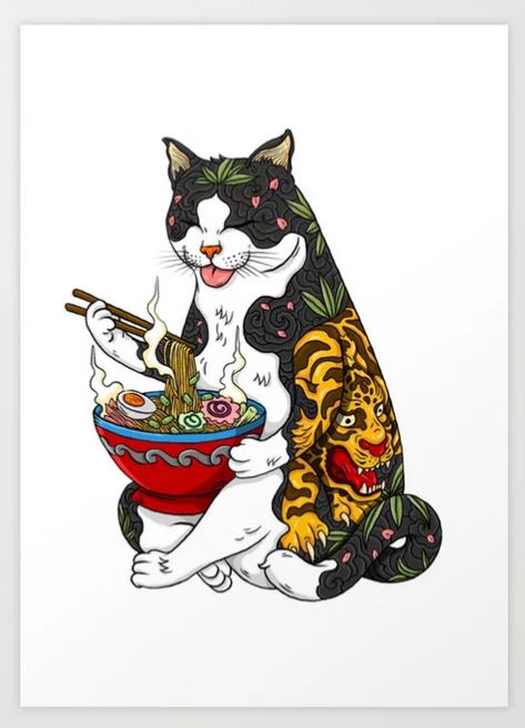 A black and white cat with floral patterns on its body holds a steaming bowl of ramen using a pair of chopsticks. The cat's back features a vivid yellow tiger tattoo design. This Tattoo Cat eating Chinese Noodles by Hello Gifts is presented on high-quality archival paper, ensuring lasting brilliance against the plain white background. Available from GAP.