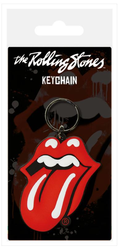 Image of the Rolling Stones Tongue Rubber Keychain by Blue Dog Posters, showcasing the iconic red tongue and lips logo on a black background with "the Rolling Stones" text at the top. This must-have accessory is attached to packaging that reads "KEYCHAIN" in white text below the logo.