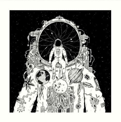 An astronaut sits on a larger space suit in front of stars. The suit, echoing an Art Print, has cosmic elements like planets and circuitry—a surreal scene for any Gallery Series collection. Featured product: "The Dreamer" by Norman Duenas from GAL61.