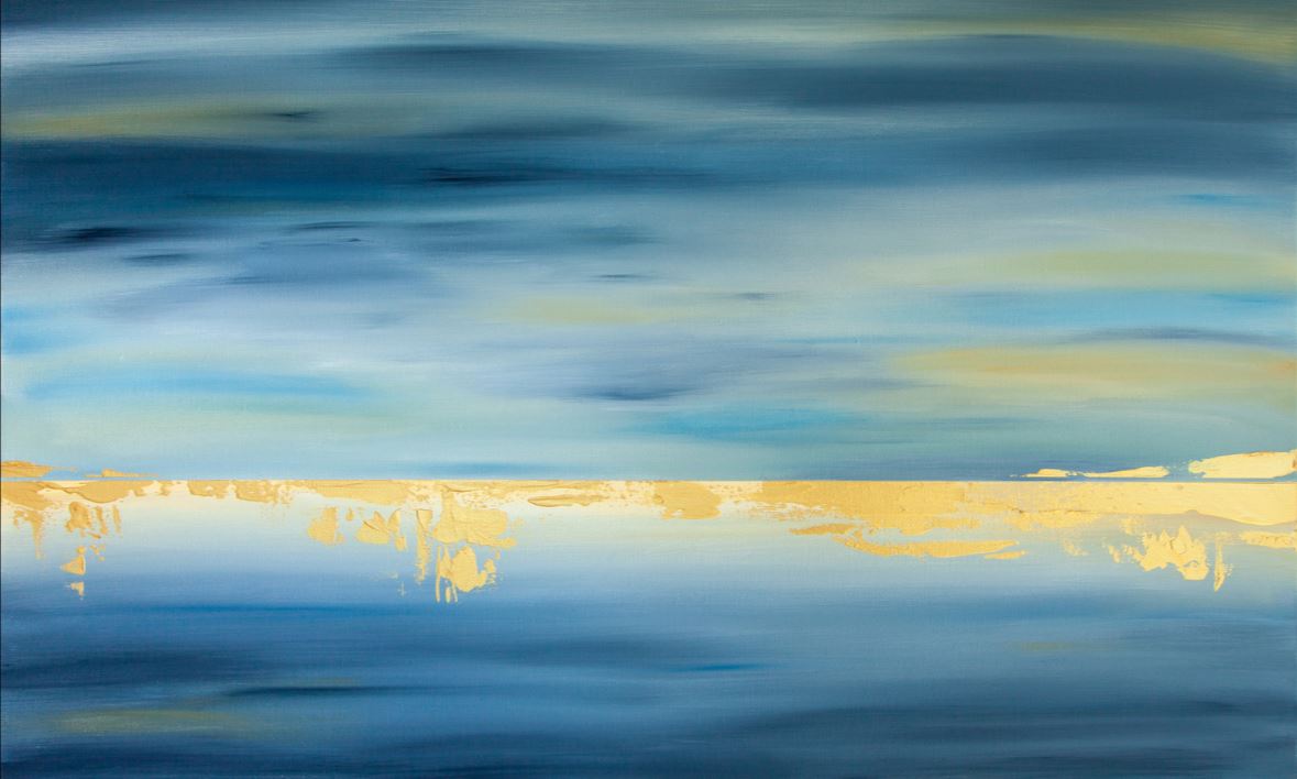 The Future is Beckoning by Jack Story, offered by MEZ 524, is an abstract painting that showcases a smooth blend of hues including blue, green, and yellow. The upper portion of the canvas highlights darker blues that transition into lighter shades interspersed with yellow in the center, evoking the essence of a serene landscape against a sky. This artwork is available as an art print on matte art paper.