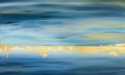The Future is Beckoning by Jack Story, offered by MEZ 524, is an abstract painting that showcases a smooth blend of hues including blue, green, and yellow. The upper portion of the canvas highlights darker blues that transition into lighter shades interspersed with yellow in the center, evoking the essence of a serene landscape against a sky. This artwork is available as an art print on matte art paper.