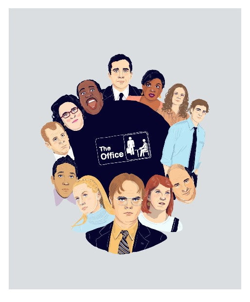 An art print titled "The Office by Amy Blue" from fap. The characters are arranged in a circular pattern around the show's logo at the center. Each character's face is drawn with distinct features and set against a light gray background, part of Amy Blue's Featured Artists Collection.
