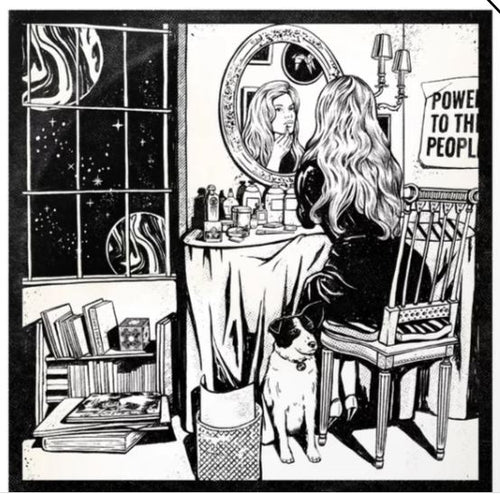 The Room by Octarine Design from GAP features a black and white Art Print of a woman with long hair sitting at a vanity, gazing into a mirror. The table is adorned with various bottles and a lamp, while a dog sits beside her. A bookshelf and a 'Power to the People' sign in the background complete this beautifully rendered scene on archival paper.